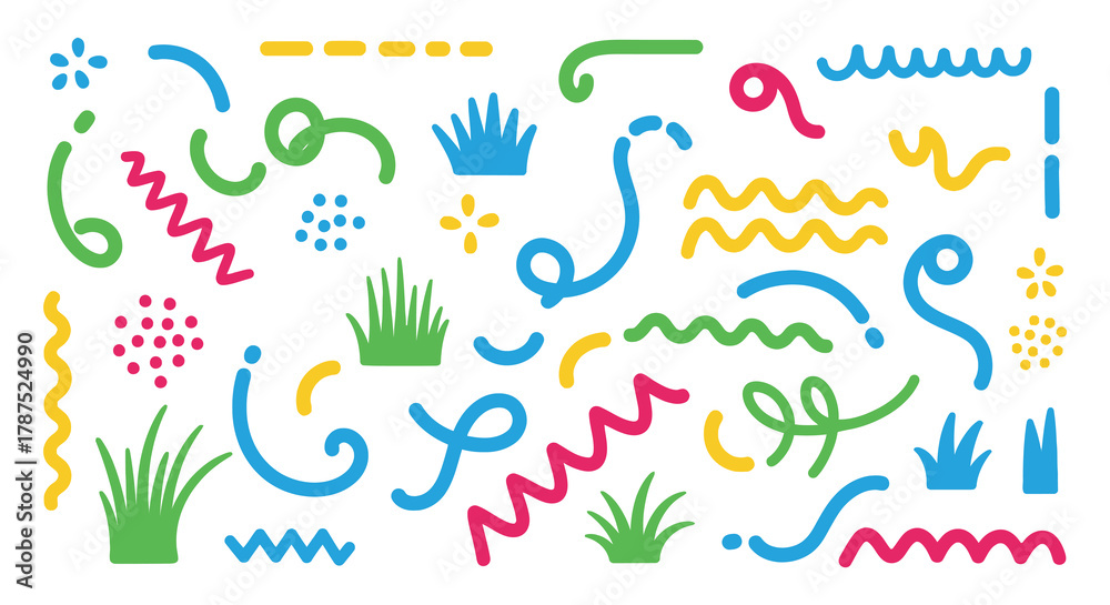 Fototapeta premium Abstract colorful doodle shapes and lines with grass elements on a white background