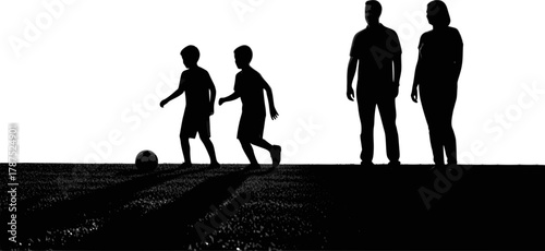 High-contrast vector silhouette of two boys playing soccer while parents observe. Design for youth sports programs, family fitness websites, or coaching materials. EPS version.