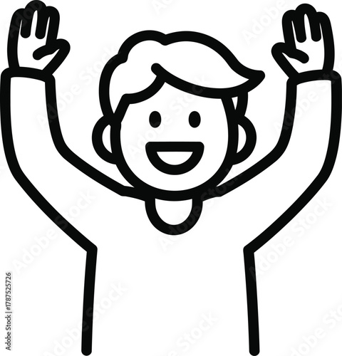 A cheerful cartoon character with arms raised in celebration, , featuring a simple design with bold black lines, conveying joy and positivity in a minimalist style