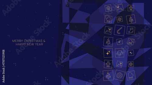 Minimalist Geometric Christmas Icons Pattern with Gold Line Art on Dark Blue Background for Elegant Holiday Greeting Card and Modern Winter Banner Design