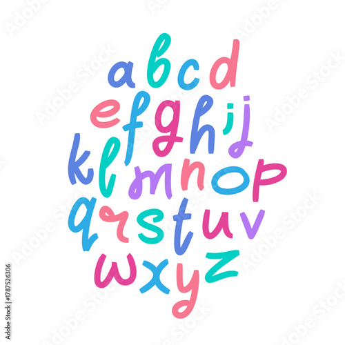 Colored lowercase Latin letters written with a marker on a white background. Vector alphabet. Fashionable font. Funny abc