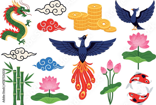 A collection of traditional Asian cultural symbols including a dragon, phoenix, koi fish, lotus flowers, bamboo, ancient coins, and decorative clouds.