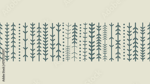 A repeating pattern of stylized trees and dots arranged in vertical lines on a light background surface