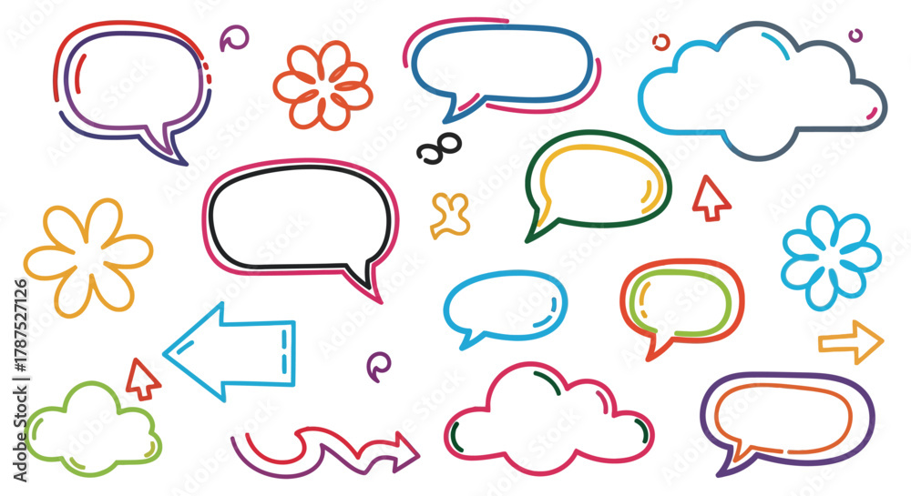 Naklejka premium Collection of hand drawn colorful speech bubbles thought bubbles and decorative elements on white background
