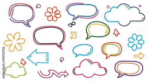 Collection of hand drawn colorful speech bubbles thought bubbles and decorative elements on white background