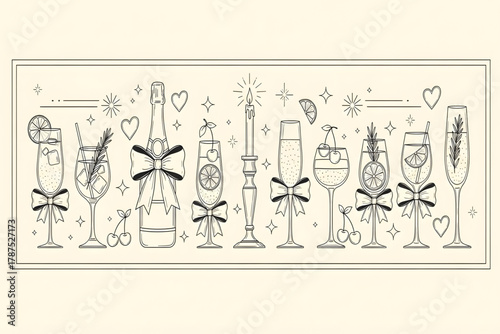Cocktail and champagne celebration drinks line art
