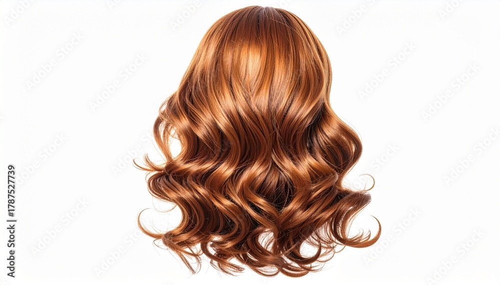 Fototapeta premium Voluminous reddish-brown wig with soft, glossy curls fanning outward. Styled in loose waves, the hairpiece evokes elegance and texture, ideal for fashion, costume, or hairstyling visuals.