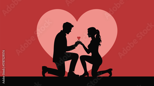 Romantic proposal silhouette with engagement ring and heart, perfect for Valentine's Day promotions and love-themed designs