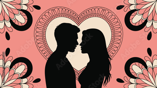 Romantic couple silhouette with heart and floral accents expressing love, perfect for Valentine's Day, weddings, anniversaries, and relationship themes