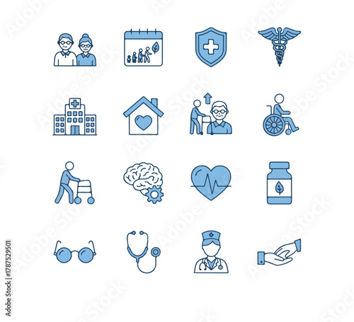 Elderly Care & Support Blue Icons Depicting Assisted Living, Medical Health, and the Importance of Community and Wellness