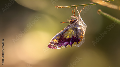 chrysalis. Butterfly emerging from its chrysalis with morning dew on its wings. wildlife magazines, conservation campaigns, designed for wildlife conservation campaigns, used by procurement managers.