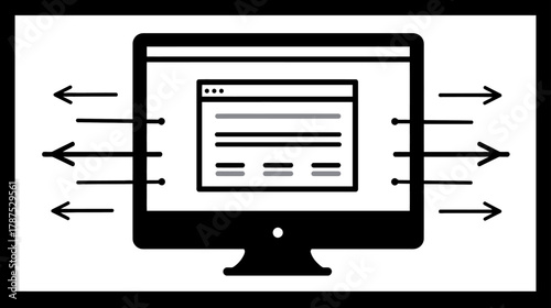 Global data flow from computer monitor icon, digital communication, internet network, online information exchange, web connectivity