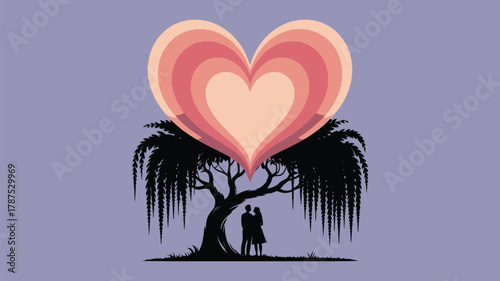 Romantic couple silhouette embracing under heart shaped tree, celebrating love and commitment, perfect for Valentine's Day or anniversary cards