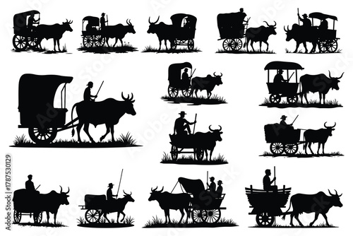 Silhouette collection of ox carts with people and grass