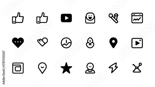 Minimalist Black Line Icons for Social Media, User Interface (UI), Web Design, Mobile Apps, and Digital Interaction Elements Set