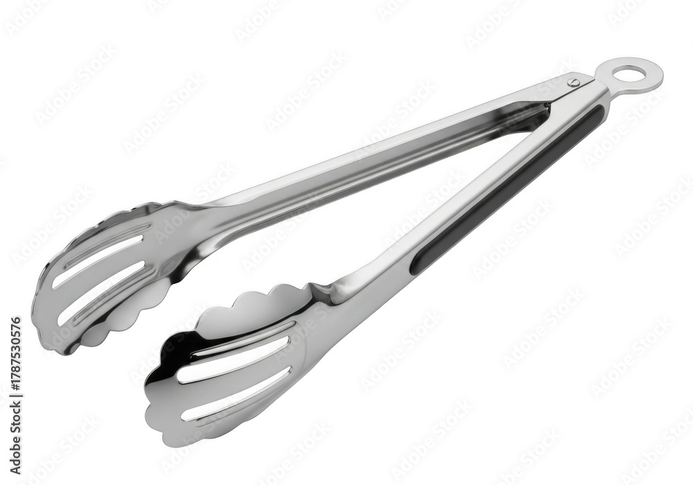 Obraz premium Shiny stainless steel kitchen serving tongs with serrated gripping ends and hanging loop isolated on transparent background