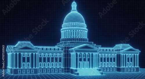 Futuristic Blueprint of Capitol Building in Neon Blue Wireframe, Architecture, Government, Politics