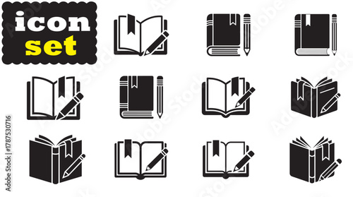 Book with bookmark and pencil icon Set, Book with bookmark and pencil solid vector