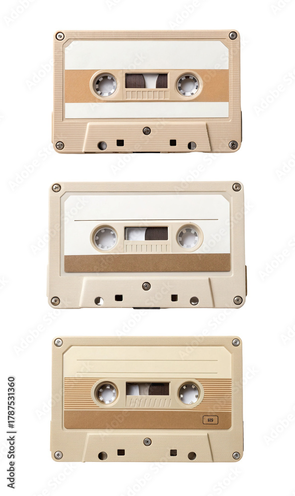 Obraz premium Three retro audio cassettes, top view, flat lay