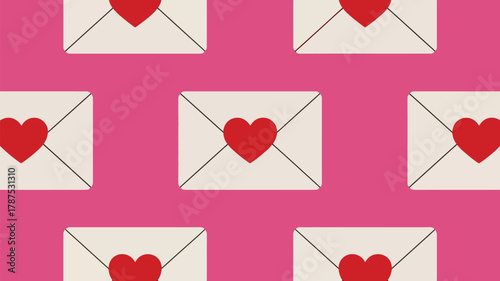 Charming seamless pattern features playful envelopes adorned with vibrant red hearts against a cheerful pink background, perfect for expressing love and affection.