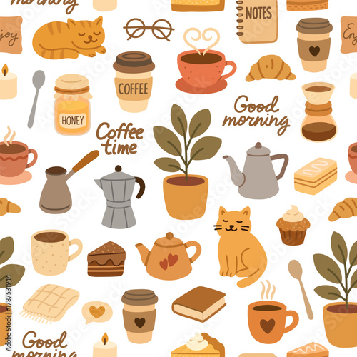 Cozy coffee morning pattern.Cute cats, coffee cups