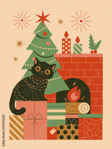 Black Cat With Christmas Garland Festive Scene