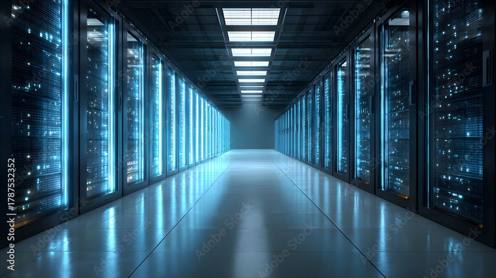 Fototapeta premium Server room aisle with glowing data processing racks
