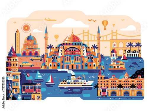 Travel Istanbul Scene with Tourist Landmarks