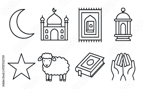Islamic symbols: mosque, crescent, quran, lantern, prayer hands, star, sheep