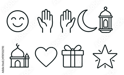Eid symbols: smiley face, praying hands, crescent moon, lantern, mosque, heart, gift, star