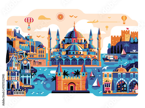 Travel Istanbul Scene with Tourist Landmarks
