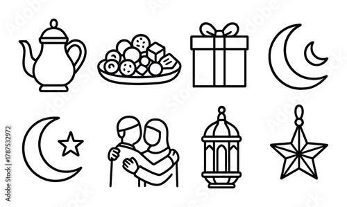 Ramadan-themed icons featuring crescent, gift, lantern, and communal harmony