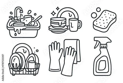 Set of cleaning and dishwashing icons on dark background