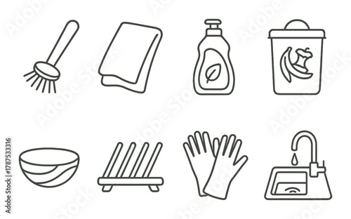 Kitchen cleaning symbols: brush, towel, detergent, bin, bowl, rack, gloves, tap