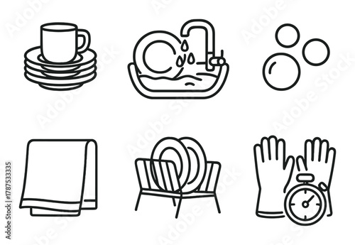 Dishwashing icons: plate, cup, soap, sink, towel, rack, gloves