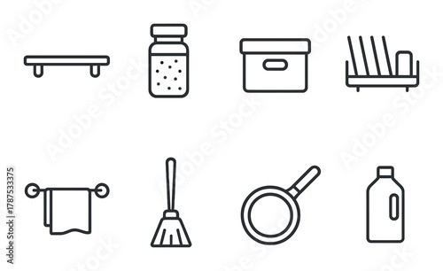 Monochrome kitchen icons: spice jar, sink rack, pot holder, detergent, towel, broom, strainer