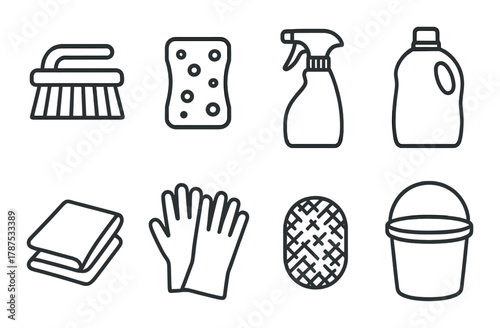 Cleaning essentials icons: brush, sponge, spray bottle, detergent, cloth, gloves, scrubber, bucket
