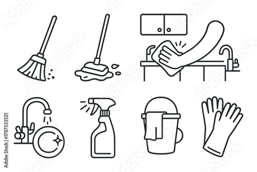 Monochrome cleaning icons featuring mop, broom, dishes, gloves, and spray bottle