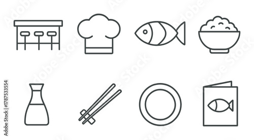 Monochrome icons of sushi bar elements with chef hat and chopsticks