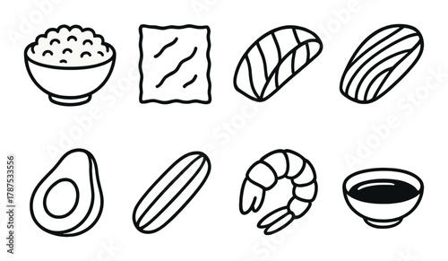 Sushi ingredients illustration: rice, nori, salmon, avocado, shrimp, soy sauce