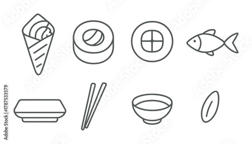 Minimalist sushi icons: temaki, maki, fish, chopsticks, bowl, rice