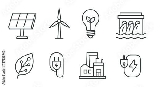 Eco-friendly energy symbols: solar, wind, hydropower, leaf, plug, building, charging station