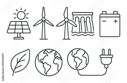 Renewable energy icons featuring solar, wind, hydro, battery, and earth symbols