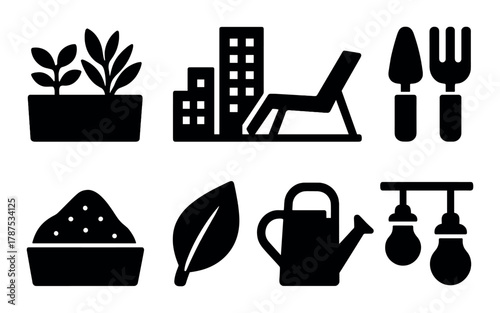 Silhouette icons of gardening tools, urban buildings, and nature elements