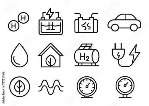 Eco-friendly energy and hydrogen technology icons on dark background