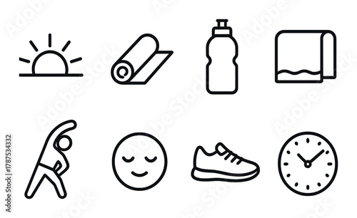 Fitness icons: sunrise, yoga mat, water bottle, and more with subtle glow effect