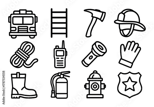 Essential firefighting equipment icons: boots, helmet, axe, hydrant, radio, rope
