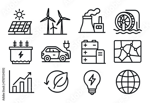 Renewable energy icons: solar, wind, hydro, electric car, battery, sustainable grid