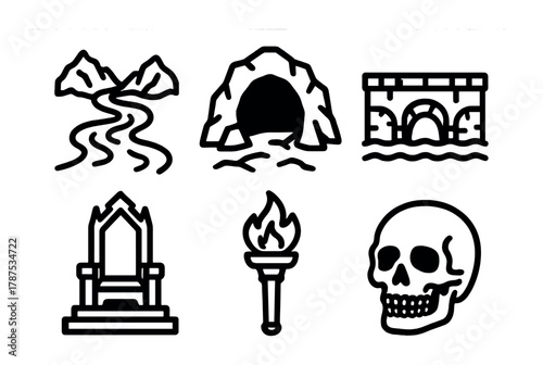 Ancient symbols collection: mountains, cave, bridge, throne, torch, skull