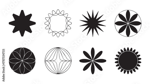 Collection of Eight Geometric Abstract Star and Flower Shapes on White Background 